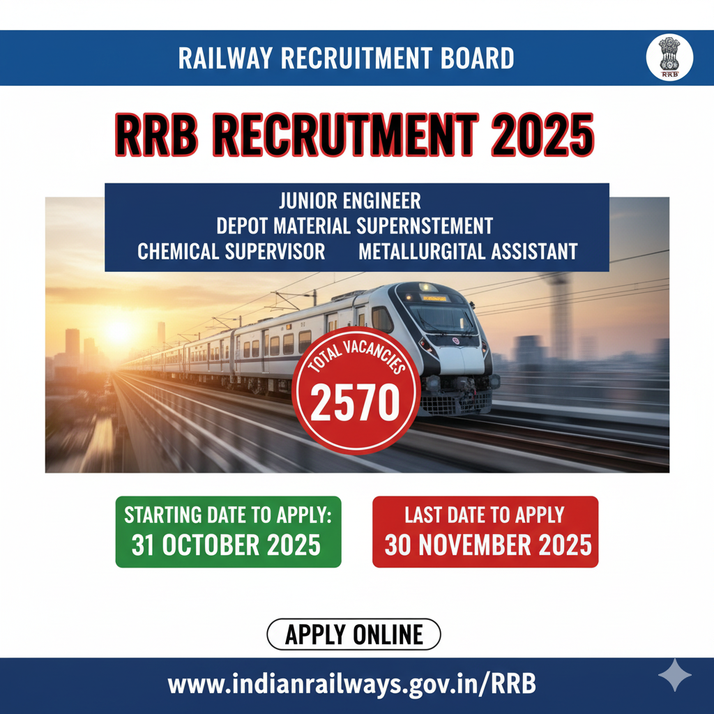 RRB Recruitment 2025:  Junior Engineer, Depot Material Superintendent, Chemical Supervisor & Metallurgical Assistant